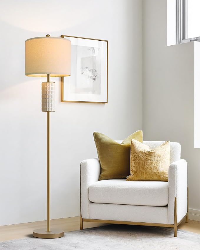 PoKat Antique Gold Ceramic Floor Lamp for Living Room Bedroom, 64" Modern Tall Standing Lamp with Rotary Switch, Traditional Living Room Lamp for Corner, Home Office, Nursery, Warm Gold