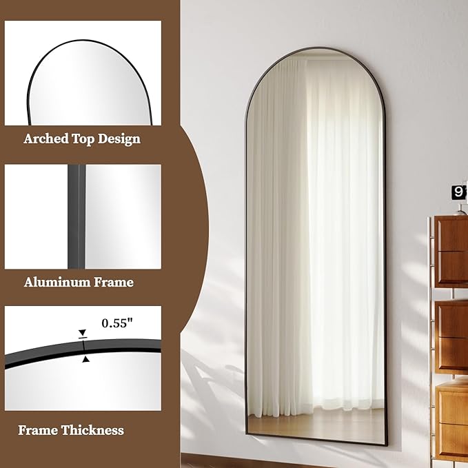 Arched Full Length Mirror - 65 x 24 inch Full Body Floor Mirror, ShatterVue Tempered Glass, Standing, Leaning, Wall Mounted for Living Room, Bedroom, Black