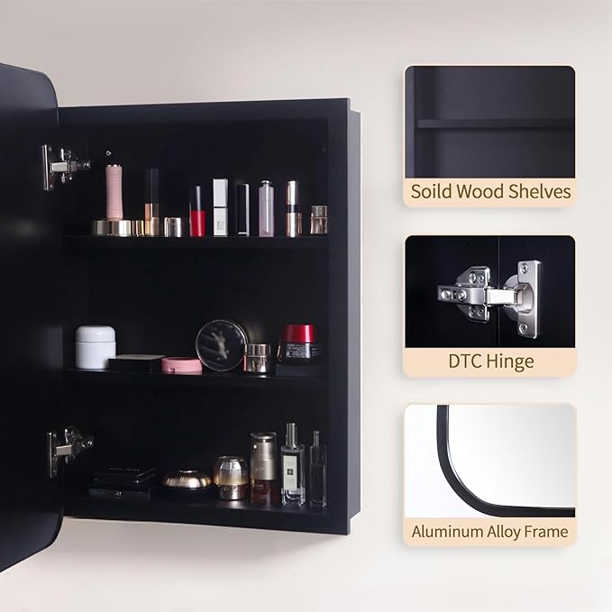 Bathroom Medicine Cabinet with Black Metal Framed Mirror, Recessed or Wall Mount Bathroom Vanity with Storage Shelves 17.5x26 inch