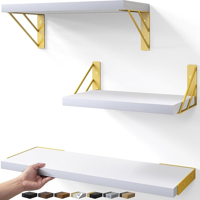 BAYKA Wall Shelves for Bedroom Decor, Floating Wall Shelves for Living Room Kitchen Storage, Wall Mounted Rustic Wood Shelves for Kids Books,Corner Shelves for Bathroom(White and Gold，Set of 3)