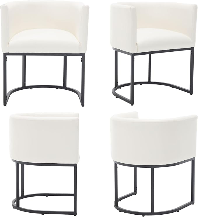 Faux Leather Dining Chair Modern Barrel Arm Chairs with Black Metal Frame, Upholstered Kitchen Chairs 18.5" Wide Accent Chair for Living Room Dining Room Restaurant, White
