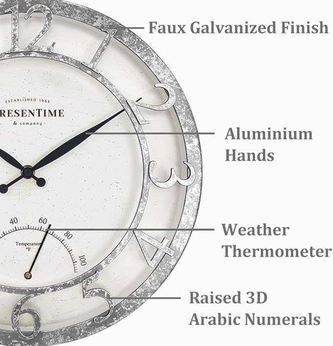 Presentime & Co 13" Farmhouse Outdoor Wall Clock w/Outdoor Thermometer, Farmhouse Style, Raised 3D Arabic Numerals, Faux Galvanized Finish (Wall Clock for Patio, Cottage, Poolside, Garden Spaces)