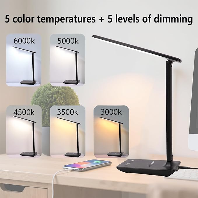 Led Desk Lamp Dimmable Table Lamp with USB Charging Port, 5 Lighting Modes, Sensitive Control, Foldable Portable Dorm Desk Lamps for Home Office Bedroom Reading Study Work (Black)