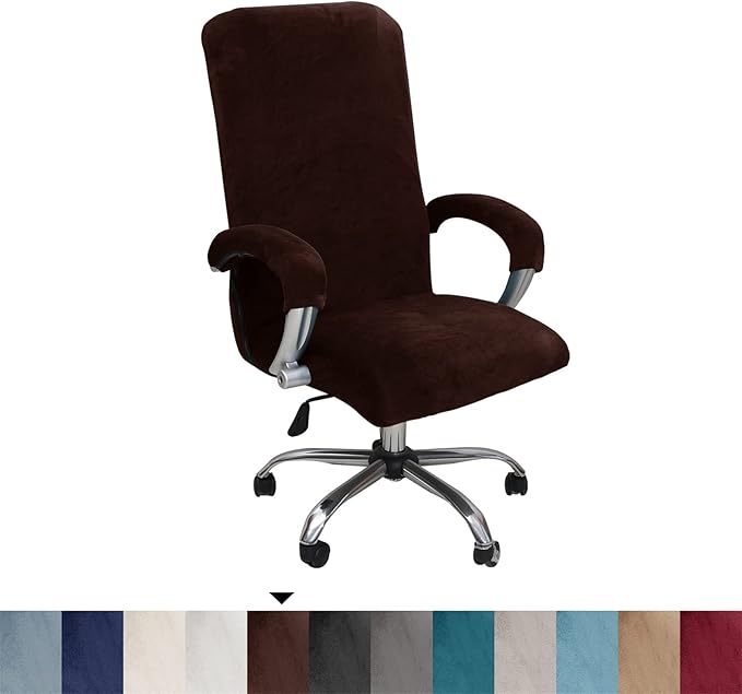 Velvet Plush Office Desk Chair Cover - Cat Proof Stretchable Elastic Comfy Protector for Ergonomic Office Chair with Wheels and Armrests, Fits Mesh and Executive Office Chairs,Removable,Coffee,XL