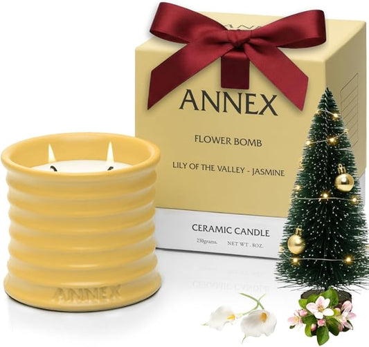 Scented Luxury Candles in Handmade Ceramic Jars, Soy Wax | Flower Bomb – Lily of The Valley & Jasmine, Large Candle | Non Toxic, 2 Wicks, Reusable Yellow Jar | Natural Spring Aromatherapy for Women