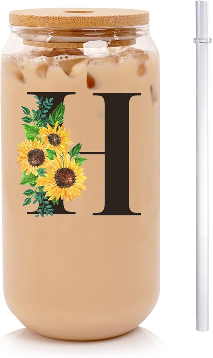 Initial Glass Cups Sunflower with Bamboo Lids and Straws,16oz Iced Coffee Mug Tumbler,Monogrammed Birthday Gifts Mother's Day Sunflower Gifts for Women,Mom,Friend,Sister