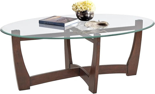 LKTART 48" Oval Glass Coffee Table with Tempered Glass Top Cross and Solid Wood Base Simple & Modern Center Table for Living Room Office Apartment Cherry