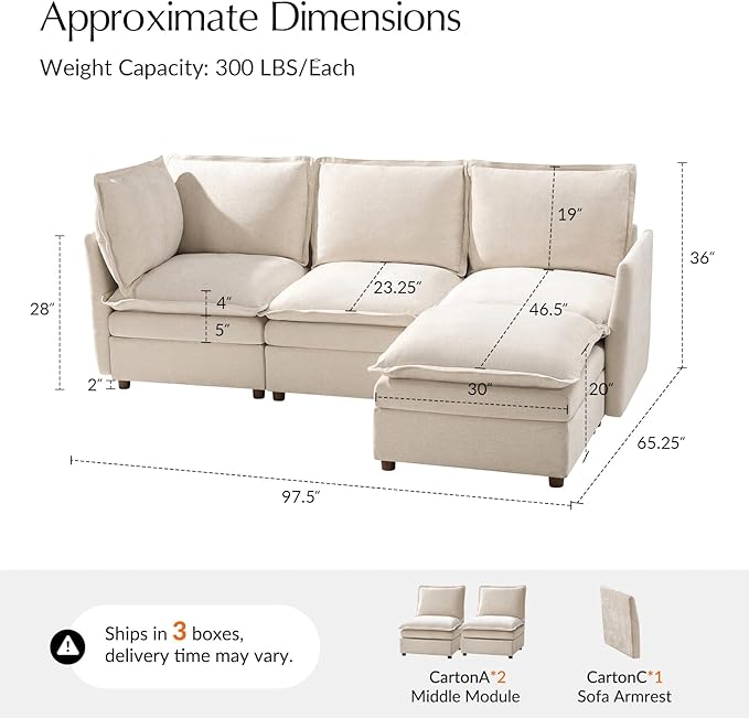 HULALA HOME 98'' Oversized Modular Sectional Sofa with Dual-Layered Cushions, L Shaped 4 Seater Couch with Storage Ottoman and Removable Cover, Modern Deep Seat Cloud Couch for Living Room, Beige