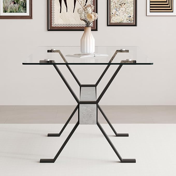 Glass Dining Table 71"｜Modern Dining Table for 6｜0.4" Thick Tempered Glass Top｜Matte Black Metal Legs｜Grey Crossbar｜Easy Assembly｜Perfect for Dining Room or Kitchen