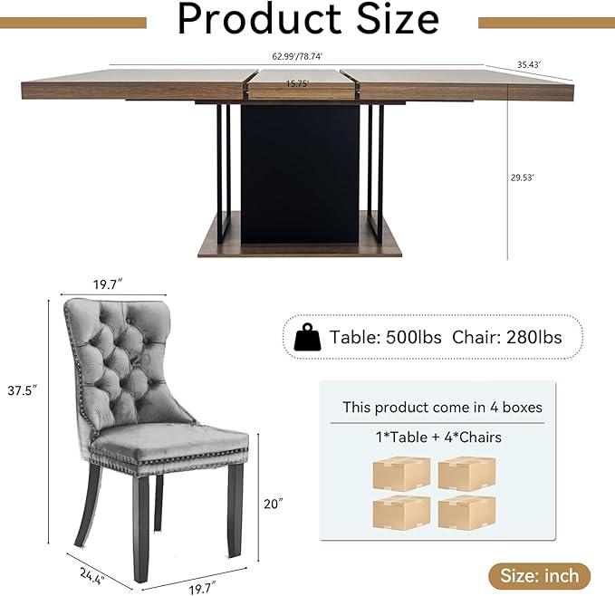 Goujxcy 78.7" Farmhouse Extendable Dining Room Table Set for 4, 5-Piece Rectangle Kitchen Dining Room Table Set with Wood Base and 4 Blue Velvet Dining Chairs, Extending Kitchen & Dining Table Set