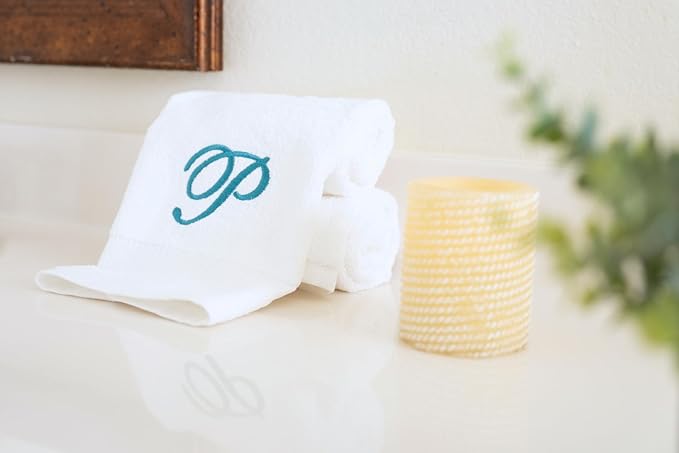 White Monogrammed Hand Towels for Bathroom - Luxury Hotel Quality Personalized Initial Embroidered Towel for Powder Room, Spa - GOTS Organic Certified - Set of 2 Teal Letter P