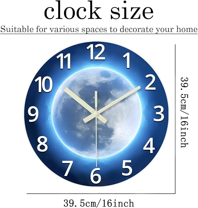 Blue Decorative Wall Clock for Kids 16 Inch Large Glow in The Dark Clock for Living Room Decor Analog Wall Clock Silent Non Ticking