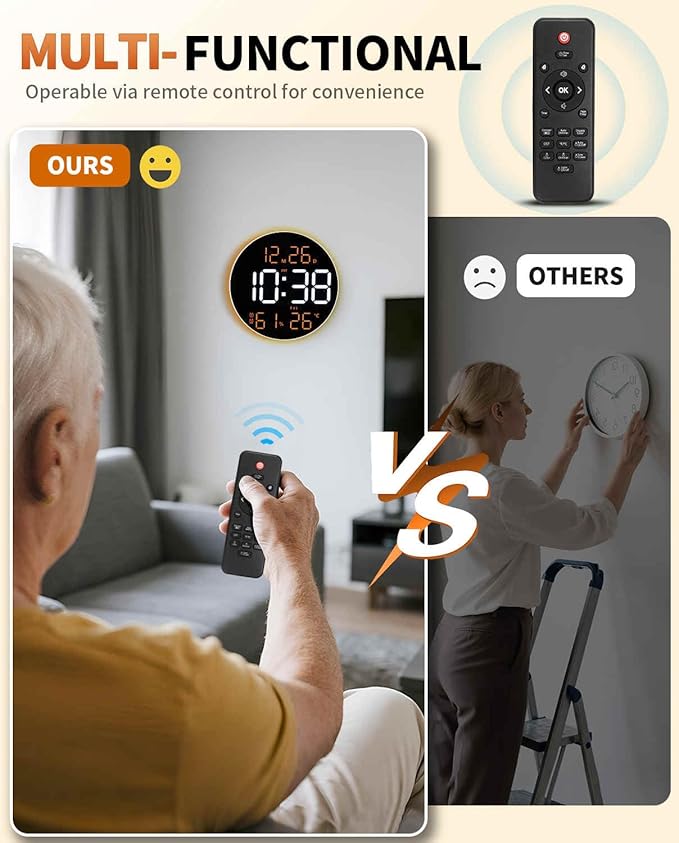10 Inch Large Digital Wall Clock with 13 Color Changing Remote Control, Date Week Temperature, Auto Brightness Dimmer Big Clock with Night Lights,RGB