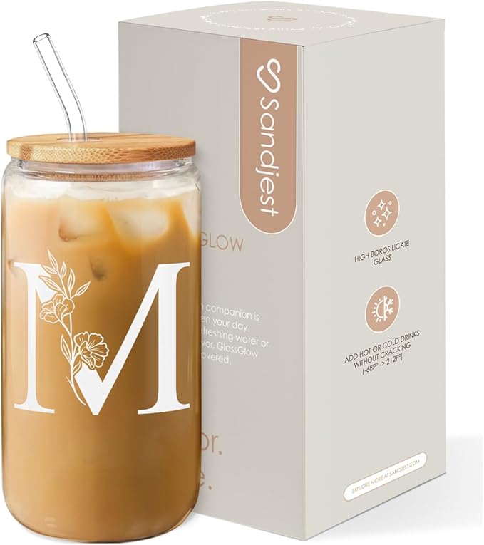 SANDJEST Monogrammed Gifts for Women - Monogram M Initial Glass Cup 16 Oz Can Coffee Cups with Lid and Straw - Monogram Initials Gifts for Womens on Birthday