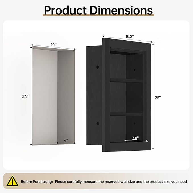 Recessed Medicine Cabinet,14x24 Recessed Wall Niche Medicine Cabinet Replacement, Water-Proof Wood Wall Niche for Bathroom/Hallway, Black