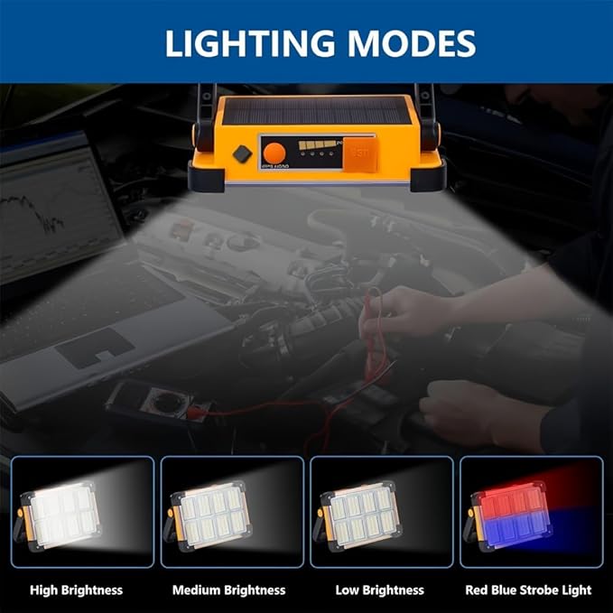 120W LED Solar Work Light, 144 LED 10000LM Portable Flood Light with Stand, 4 Modes Rechargeable, IP65 Waterproof Outdoor Working Light for Camping, Fishing, Car Repair & Mechanics (1)