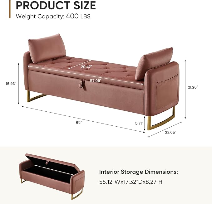 65" Storage Ottoman Bench, End of Bed Storage Bench King Size with Tufted Button Upholstered and Gold Legs, Bedroom Benches with Armrests for Living Room Window and Entryway, Rose Gold