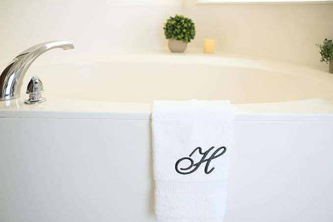 White Monogrammed Hand Towels for Bathroom - Luxury Hotel Quality Personalized Initial Embroidered Towel for Powder Room, Spa - GOTS Organic Certified - Set of 2 Dark Gray Letter H