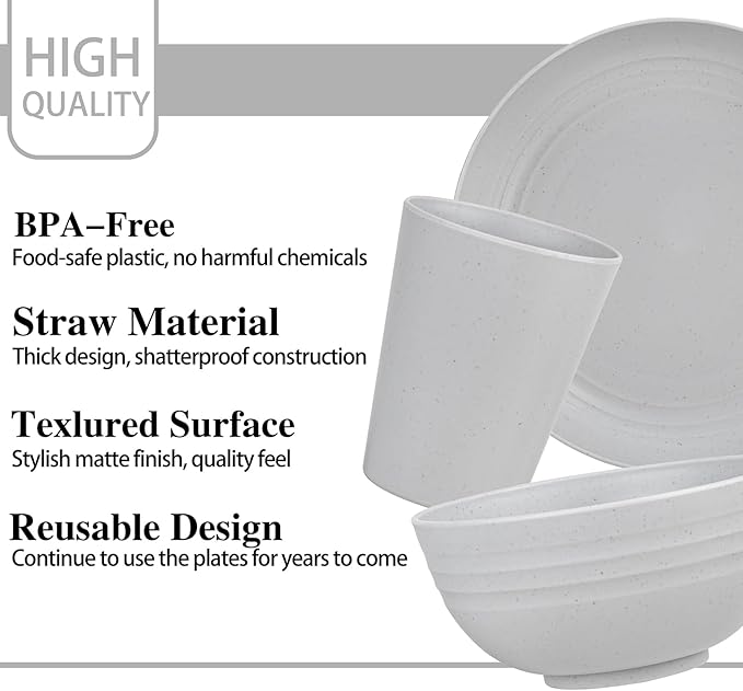 LIYH 16 Pcs Wheat Straw Dinnerware Sets Plastic Dinnerware Sets for 4 Plates and Bowls Set Reusable Tableware Grey Dish Set 8 Plates 4 Bowls 4 Cups Microwave Dishwasher
