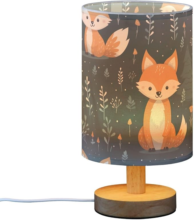 Bedside Lamp Cute Fox Animal Table Lamp with USB Port Wood Base for Living