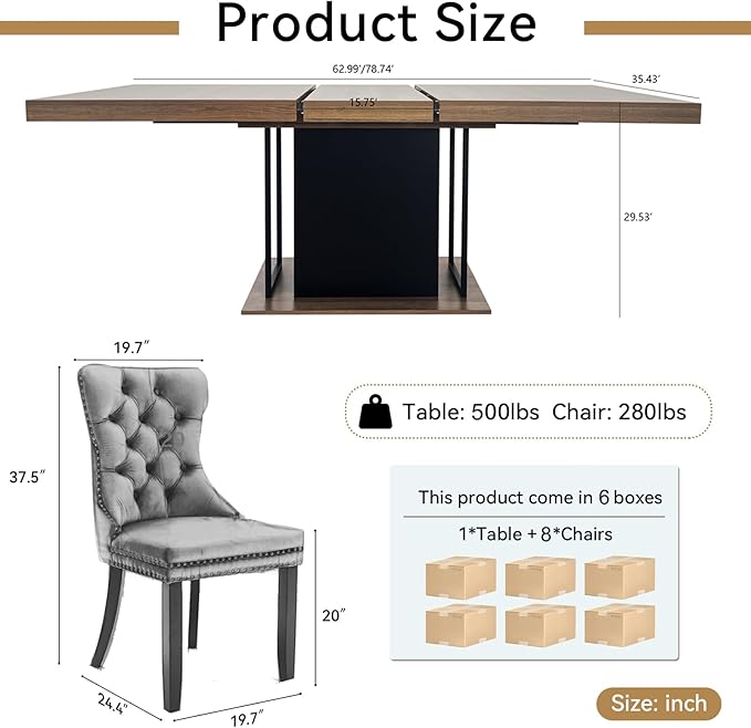 Goujxcy 78.7" Farmhouse Extendable Dining Room Table Set for 8, 9-Piece Rectangle Kitchen Dining Room Table Set with Wood Base and 8 Orange Velvet Dining Chairs, Extending Kitchen & Dining Table Set