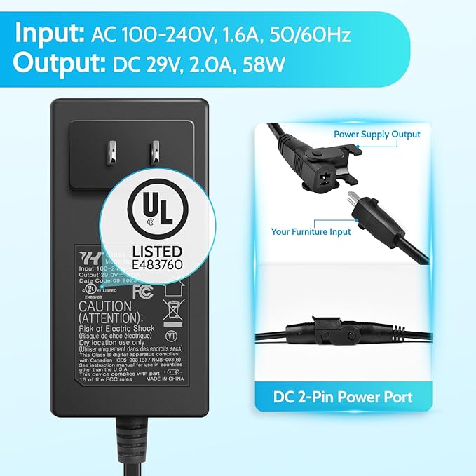 Sopito 2-Pin Power Reliner Power Supply Universal AC/DC Adapter 100-240V, 29V 2A Switching Transformer, Replacement Part for Recliner Sofa/Lift Chair/Electric Couch/Standing Desk