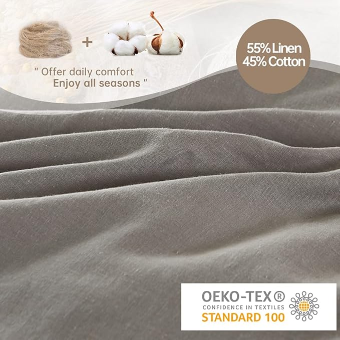 Simple&Opulence French Linen Duvet Cover Set 104"x 92"- 3 Pieces (1 Comforter Cover,2 Pillowcases)-Natural Flax Cotton Blend-Solid Color Breathable Farmhouse Bedding-Grey, King