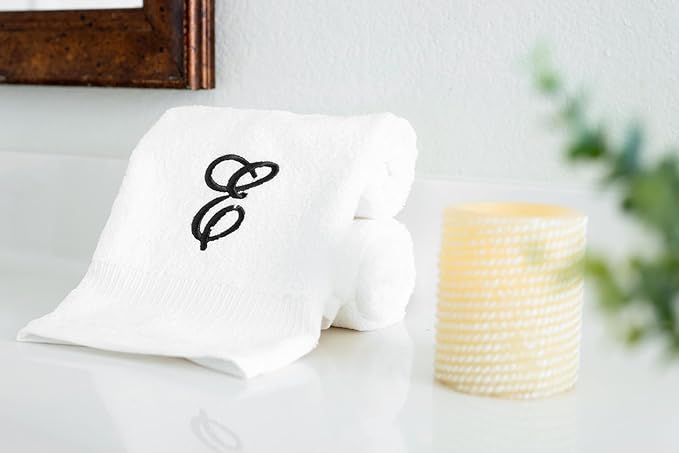 White Monogrammed Hand Towels for Bathroom - Luxury Hotel Quality Personalized Initial Embroidered Towel for Powder Room, Spa - GOTS Organic Certified - Set of 2 Black Letter E