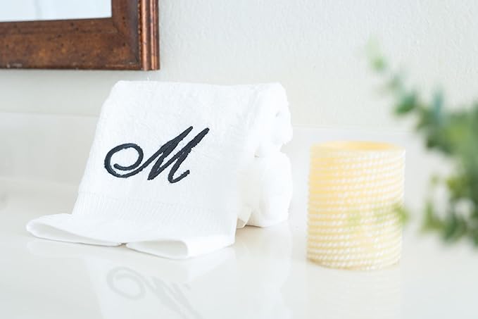 White Monogrammed Hand Towels for Bathroom - Luxury Hotel Quality Personalized Initial Embroidered Towel for Powder Room, Spa - GOTS Organic Certified - Set of 2 Dark Gray Letter M