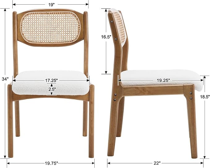 EALSON Farmhouse Rattan Dining Chairs Set of 6 Modern Mid Century Wood Dining Room Chairs with Cane Back Upholstered Sherpa Boucle Kitchen Side Chairs for Living Dining Room,Cream