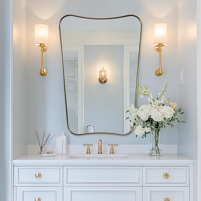 ANDY STAR Gold Mirror, 24x36 Irregular Wall Mirror, Gold Antique Bathroom Vanity Mirror, Brass Mirrors for Wall, Asymmetrical Mirror in Rust-Proof Stainless Steel Metal Frame, Wall Mount Vertically