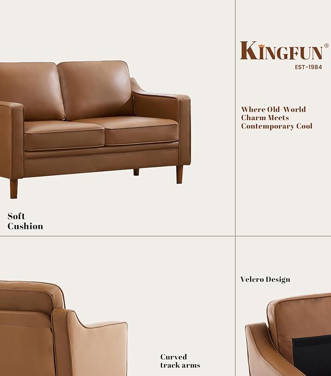 Kingfun Living Room Furniture Sets, 2 Armchair and Loveseat, Mid Century Modern Sofa Set, Faux Leather Couch with Solid Wood Frame for Living Room & Bedroom, Brown