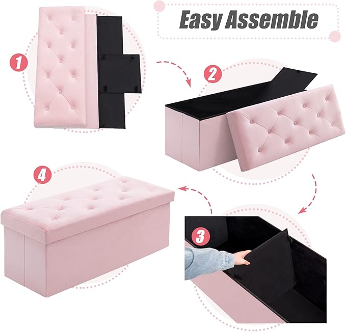 BRIAN & DANY 43 Inches Ottoman with Storage, Velvet Storage Ottoman Bench, End of Bed Benches, Folding Ottomans for Bedroom, Living Room and Entryway (Pink)