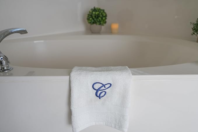 White Monogrammed Hand Towels for Bathroom - Luxury Hotel Quality Personalized Initial Embroidered Towel for Powder Room, Spa - GOTS Organic Certified - Set of 2 Navy Letter C