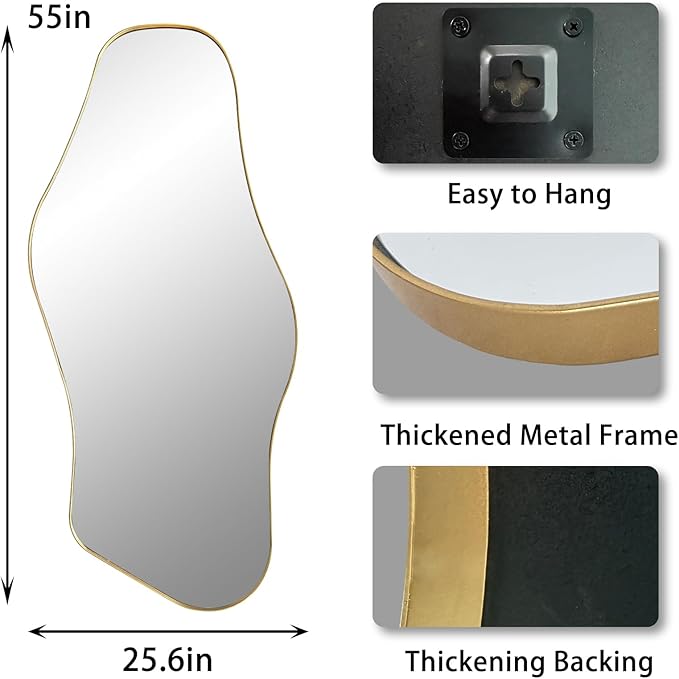 Large Irregular Mirror, Gold Asymmetrical Mirrors, 55"x25.6" Abstract Full Length Mirrors with Metal Frame, Cloud Shaped Mirror for Living Room Bathroom Bedroom Hallway Entryway Fireplace