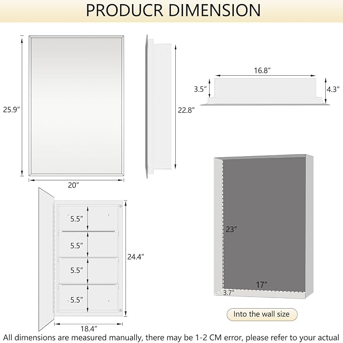 Bathroom Medicine Cabinet with 20"x26" Frameless Beveled Mirror,Recessed or Surface Mount, Space-Saving Storage for Toiletries,White Finish,Easy Installation