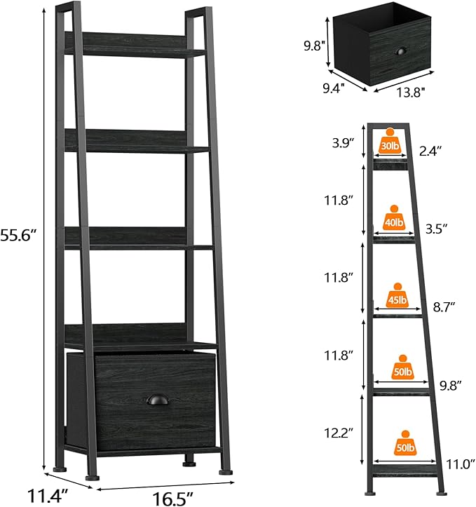 Furologee Ladder Shelf, Book Shelf with Drawer, 5 Tier Bookshelf, Industrial Display Open Bookcase Storage Shelves for Books, CDs, Photos, Black Shelving Unit for Home Office, Living Room