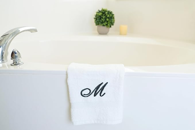 White Monogrammed Hand Towels for Bathroom - Luxury Hotel Quality Personalized Initial Embroidered Towel for Powder Room, Spa - GOTS Organic Certified - Set of 2 Dark Gray Letter M
