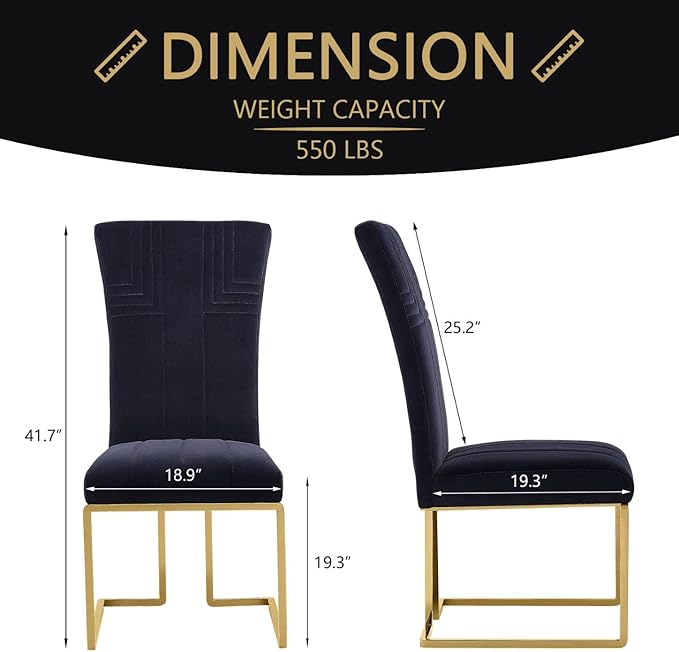 AUZ Dining Chairs Set of 6, Black and Gold Velvet Upholstered Dining Chairs with High Back and Polished Stainless Steel Sled Legs