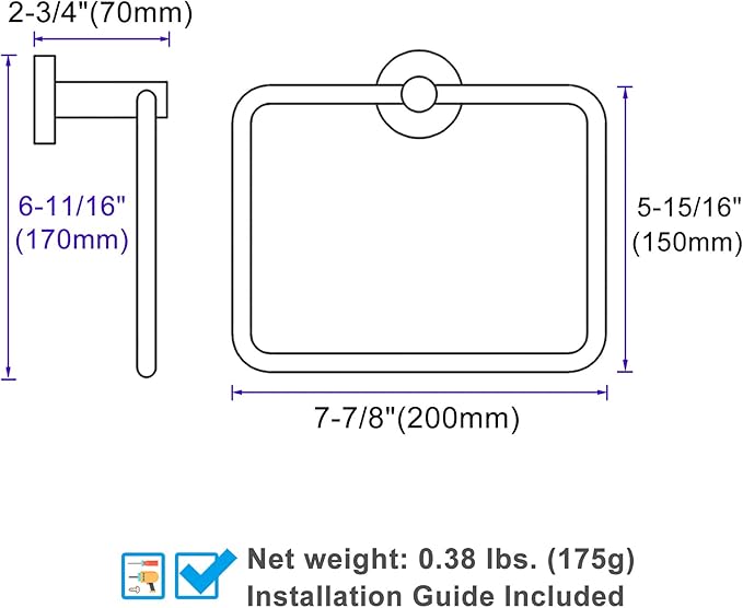 Angle Simple Swivel Towel Ring Chrome, Stainless Steel Hand Towel Rack for Bathroom Wall, Square Holder for Washcloth