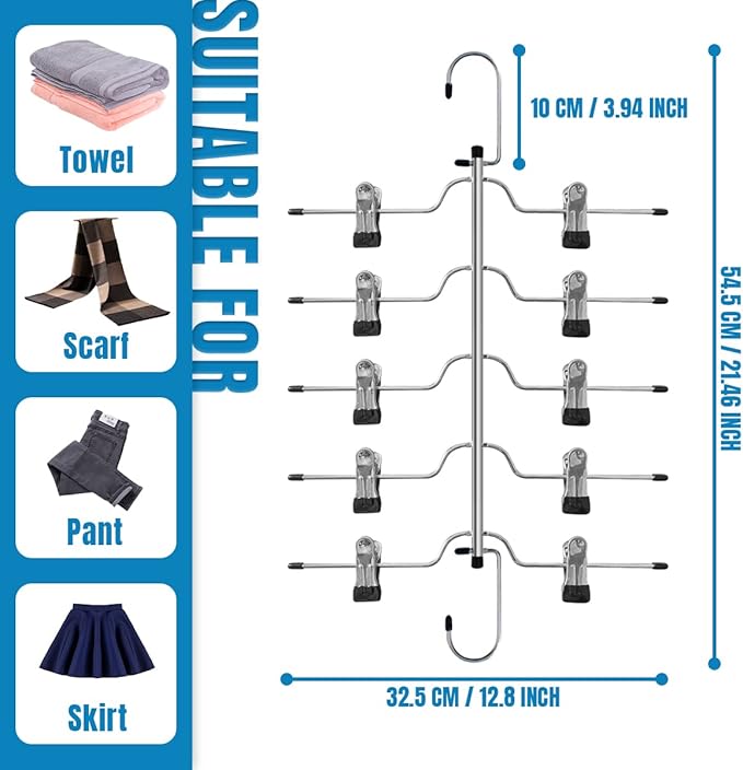 5 Tier Metal Skirt Hangers for Women, Pants Hanger Space Saving with Non Slip Adjustable Clips,Durable Heavy Duty Trouser Hangers for Jeans, Slacks, Shorts - 2 Pack