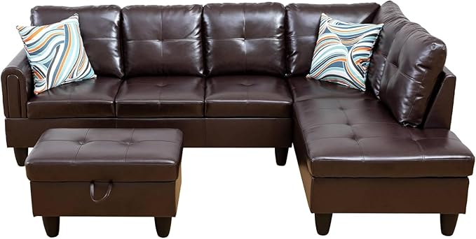 Large Storage Ottoman Sectional Sofa, L-Shaped Couch with Reversible Chaise, Space Saving Design, Gray Fabric with Accent Pillows. (Leather)