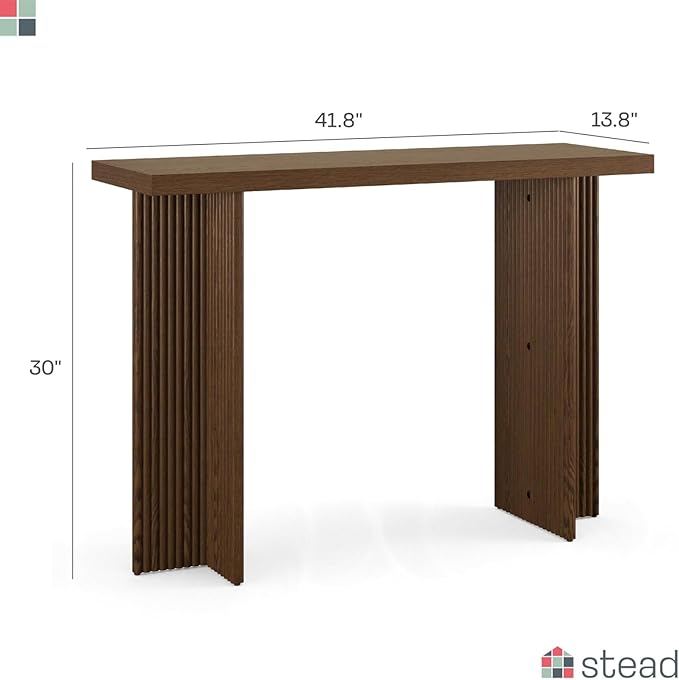 Fluted Console Table - Slim Entryway Table for Narrow Hallways - Natural Wood Console with Curved Cross Base & Mid-Century Modern Style - Walnut