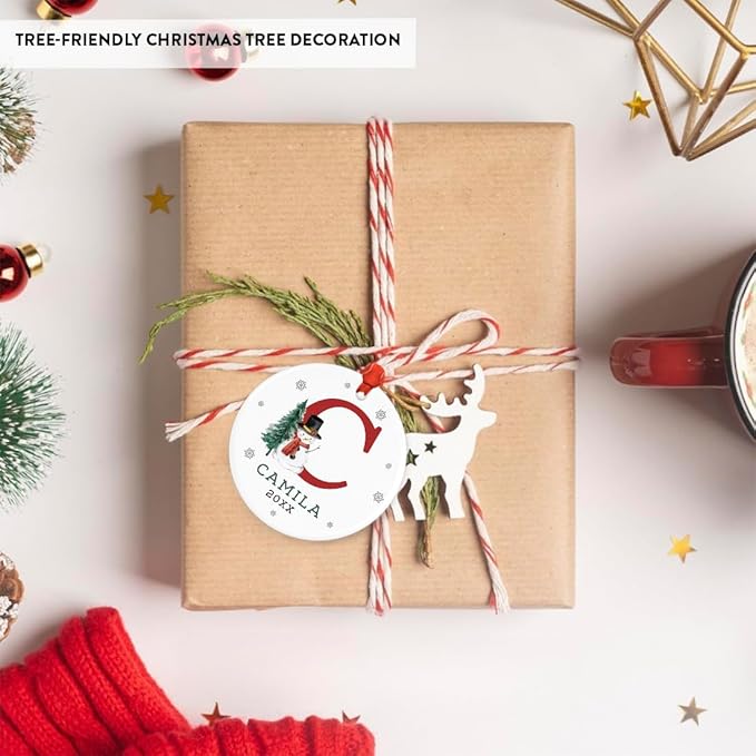 Andaz Press Personalized Christmas Ornament, Custom Name, Initial C Monogram Snowman 2.8" Ceramic Porcelain 2025 Christmas Ornament Keepsake for Kids, Boys, Girls 1-Pack Initial Ornaments