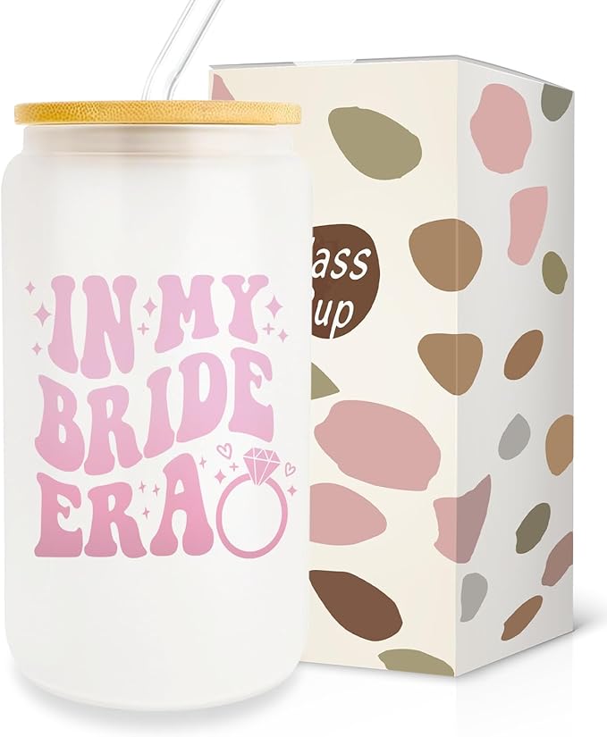 Bachelorette Gifts for Bride, Bridal Shower Gifts, Bride to Be Gifts, Bride Gifts 16oz Glass Cup with Lid and Straw, in My Bride Era, Gifts for Bride Wedding, Future Mrs Wifey Gifts