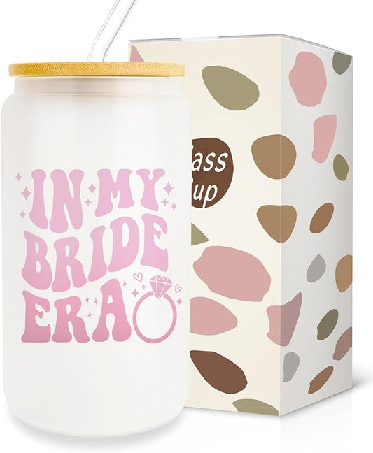 Bachelorette Gifts for Bride, Bridal Shower Gifts, Bride to Be Gifts, Bride Gifts 16oz Glass Cup with Lid and Straw, in My Bride Era, Gifts for Bride Wedding, Future Mrs Wifey Gifts