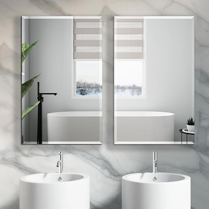 Medicine Cabinet with Mirror 16x26 inch, Recessed Medicine Cabinet or Surface Wall Mount Plastic Bathroom Cabinets with Removable Shelves, Beveled Edge Mirror Cabinet
