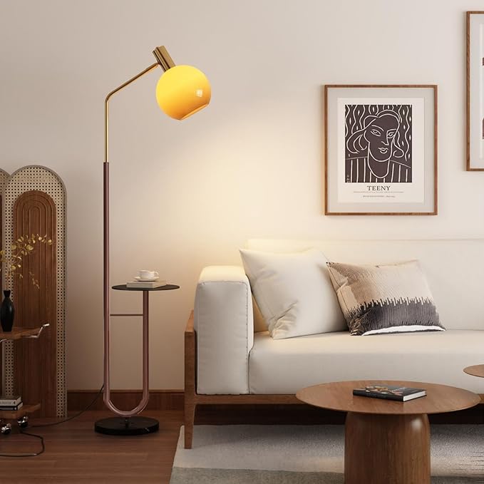 MIXL-Rustic Floor Lamp with Table,Glass Shade Floor Light with Foot Switch,Art Deco Bedside Reading Lamp,Mid Century Modern Standing Lamp for Study Room Office and Corner
