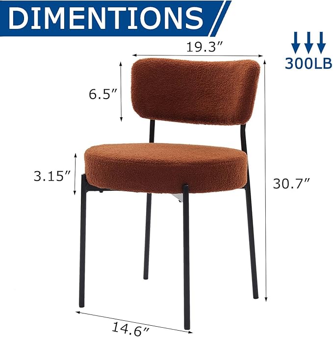 Brown Boucle Dining Chairs Set of 4, Upholstered Dinner Chair with Metal Frame, Dining Room Chairs with Padded Seat, Round Modern Seating for Living Room