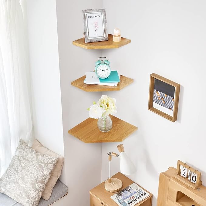 Corner Wall Shelves, Corner Floating Shelves Set of 2 Solid Oak Wood Display Shelf with Wire Hole Small Plant for Kitchen Living Room Natural